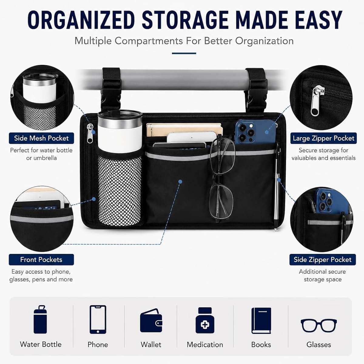 WYMZF Side Storage Organizer Bag for Pride_Mobility Jazzy_600_ES 2011-2020, Multi Pocket Armrest Pouch with Zipper (photo 4)