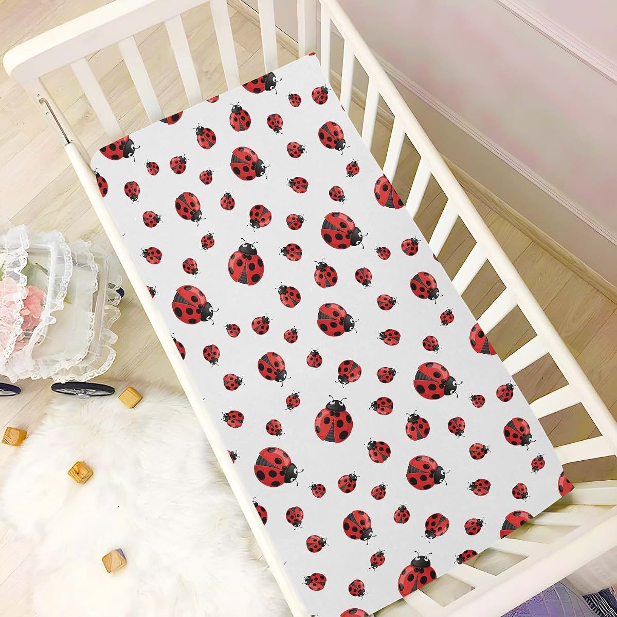 Pfrewn Fitted Crib Sheet, Red Ladybug Stretch Soft Baby Sheet, 52x28IN