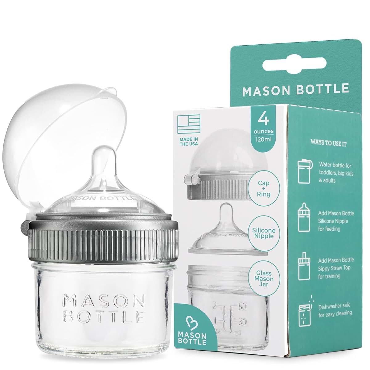 Mason Bottle Baby Glass Bottle With Breast-Like Slow Flow Nipple