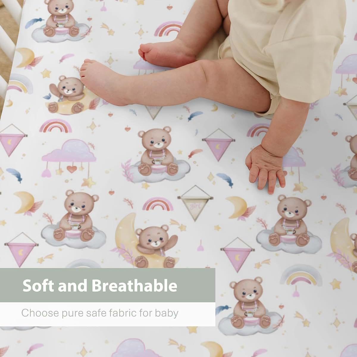 Watercolor Bear Rainbow Pink Crib Sheet 28x52 with 9 Inch Deep Pocket Fitted Standard Crib Mattress Cover