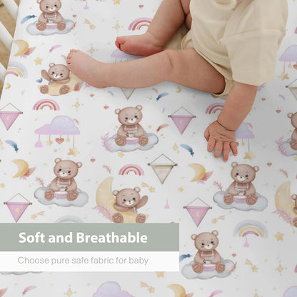 Watercolor Bear Rainbow Pink Crib Sheet 28x52 with 9 Inch Deep Pocket Fitted Standard Crib Mattress Cover