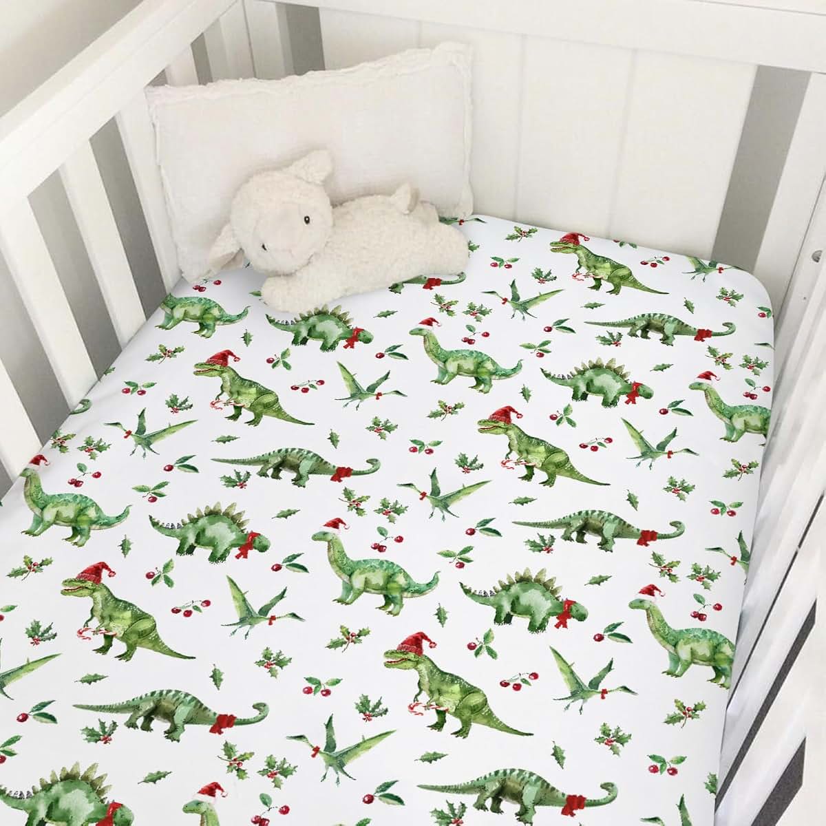 Christmas Dinosaurs Baby Crib Sheet 52x28 Fitted Standard Crib Toddler Mattress Cover