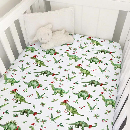Christmas Dinosaurs Baby Crib Sheet 52x28 Fitted Standard Crib Toddler Mattress Cover