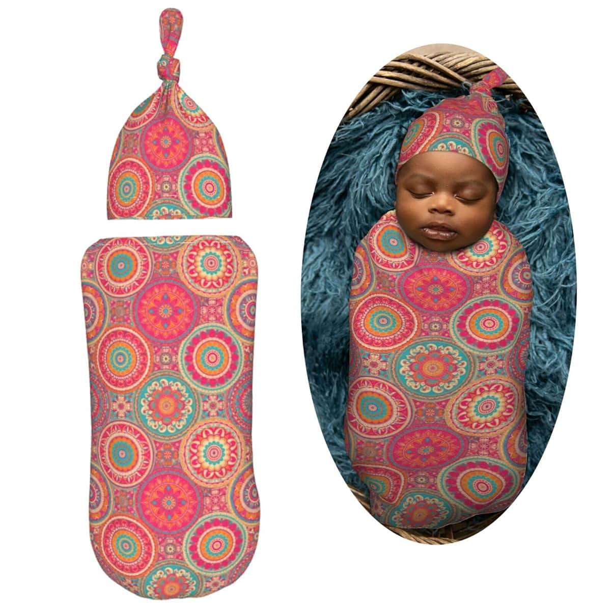 Muishi Mandala Swaddle Blanket and Hat Set for Newborns