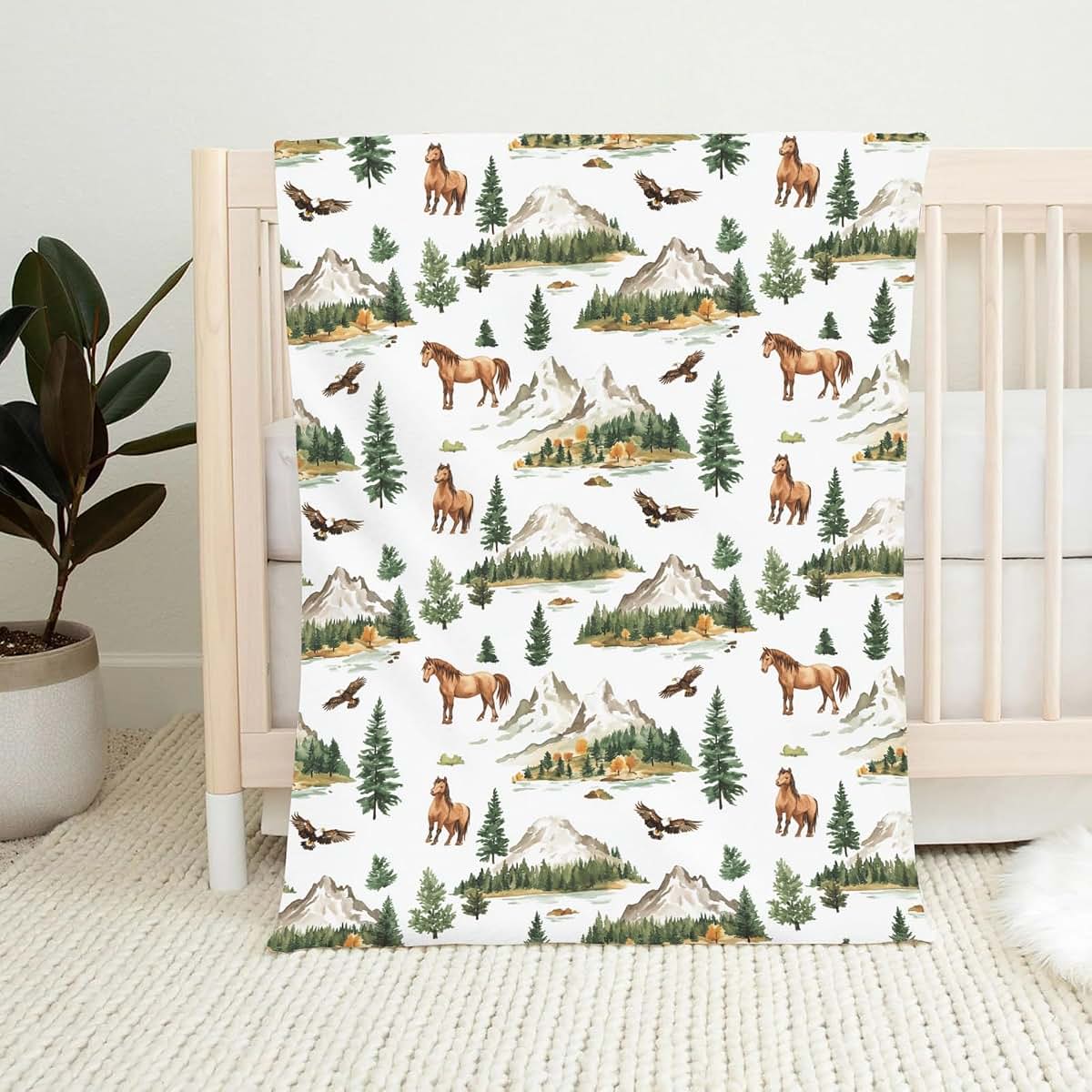 Wicbfdfv Vintage Horse Eagle Pine Trees Flannel Fleece Baby Blanket (photo 2)