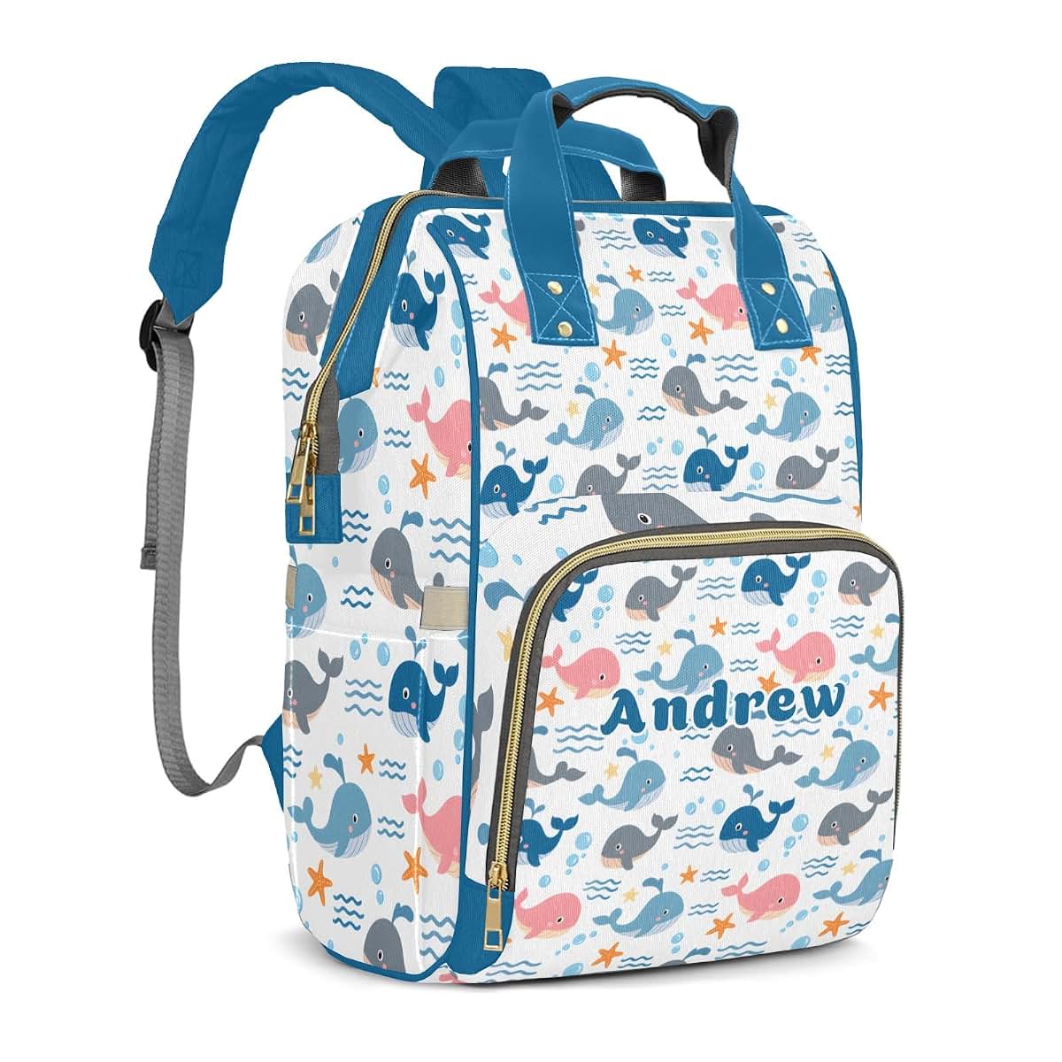 YallLocoMo Custom Name Diaper Bag Backpack With Cartoon Whale Design (photo 2)