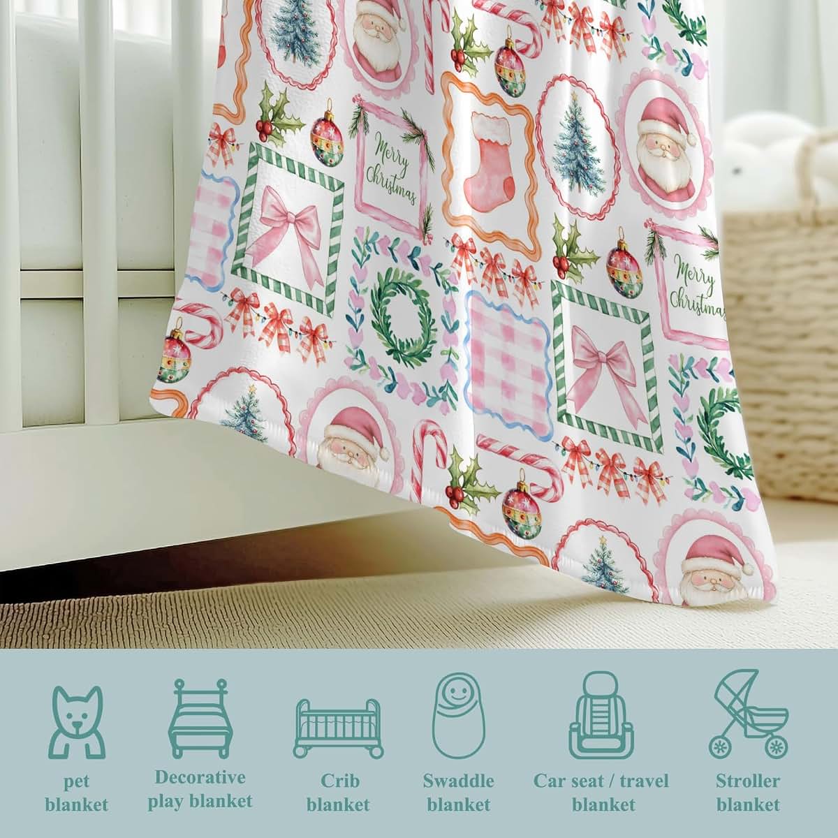Wicbfdfv Christmas Santa Pine Trees Flannel Baby Blanket for Boys & Girls, 40x50 Inch