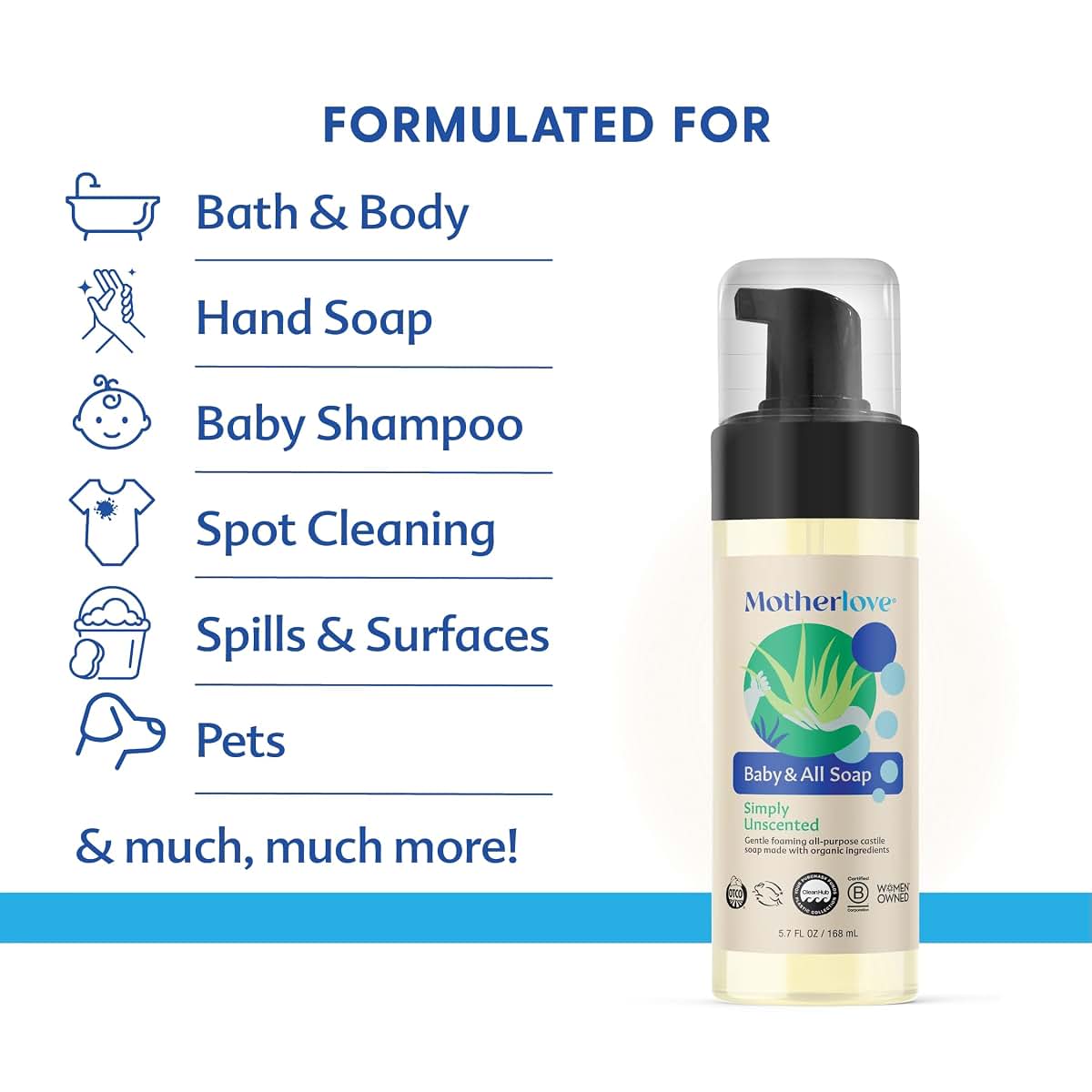 Motherlove Baby & All Soap, 5.7 oz – Unscented Foaming Castile Soap for Bath, Surfaces & More