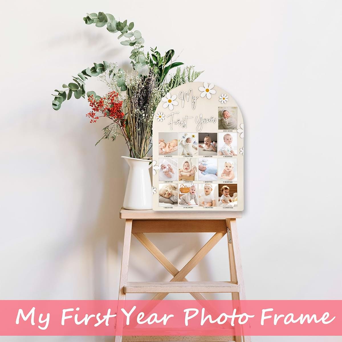 Jeqqinuz My First Year Photo Frame, My First Year Photo Board Wooden for 12 Month Picture, Baby Display Sign for