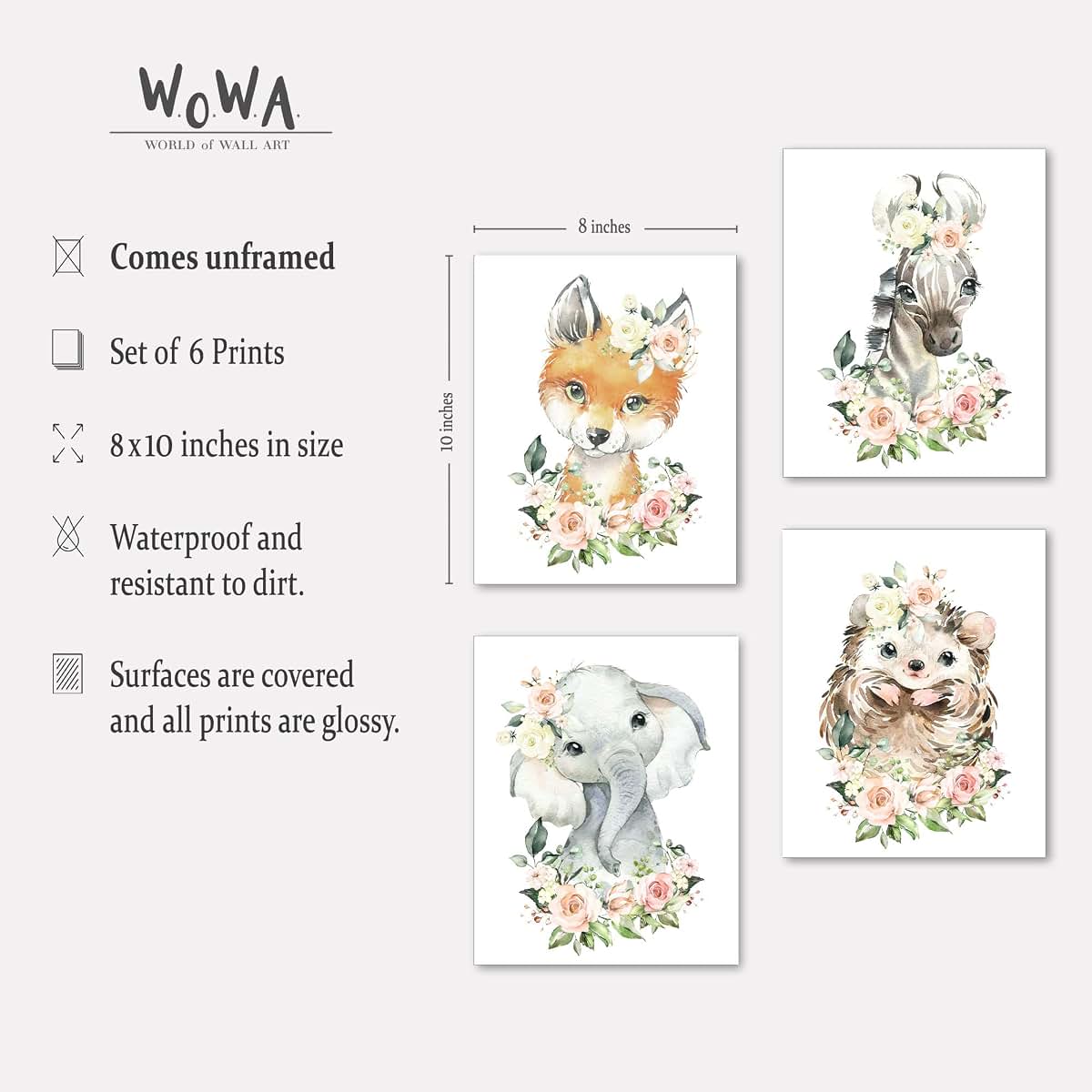 W.O.W.A. World Of Wall Art Animal Nursery Prints, Set Of 6
