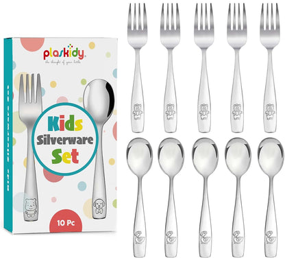 Plaskidy Kids Stainless Steel Silverware Set of 10 Toddler Forks and Spoons