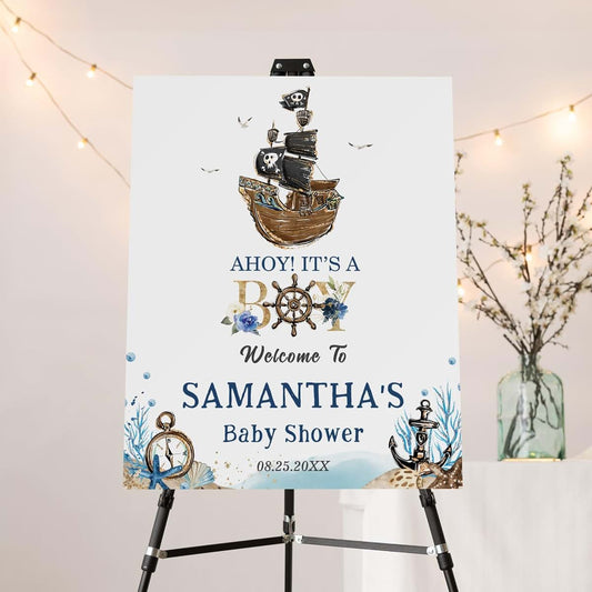 Kaysen Personalized Nautical Themed Ahoy Its A Boy Baby Shower Sign, Cute Pirate Ship Welcome Sign For Boys, Custom