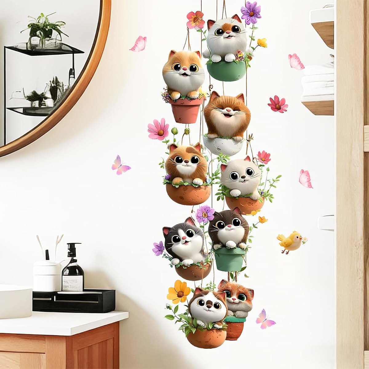 Dechom Cute Cartoon Cat in Hanging Flower Pot Wall Sticker