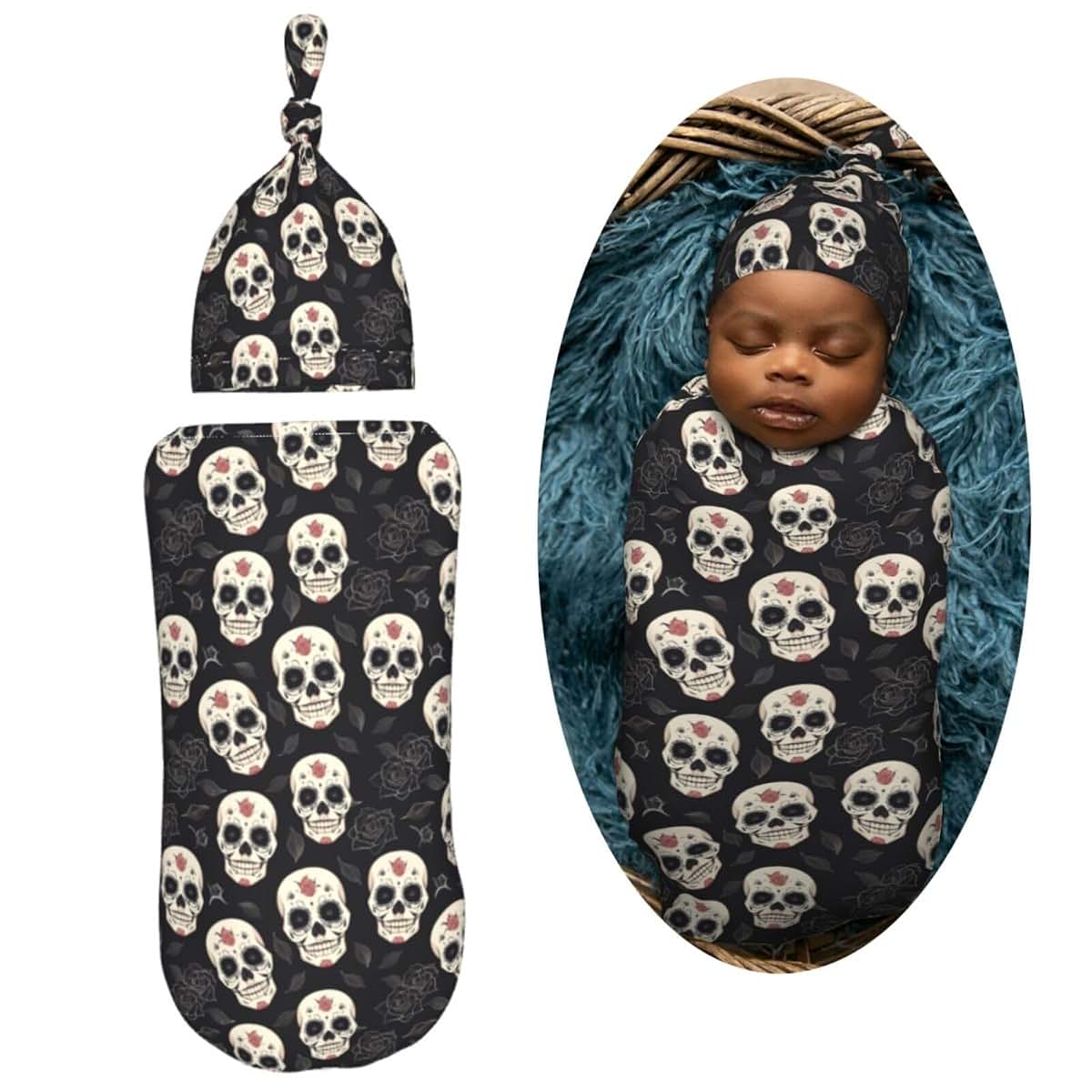 Muishi Sugar Skulls And Black Roses Newborn Swaddle Blanket And Hat Set
