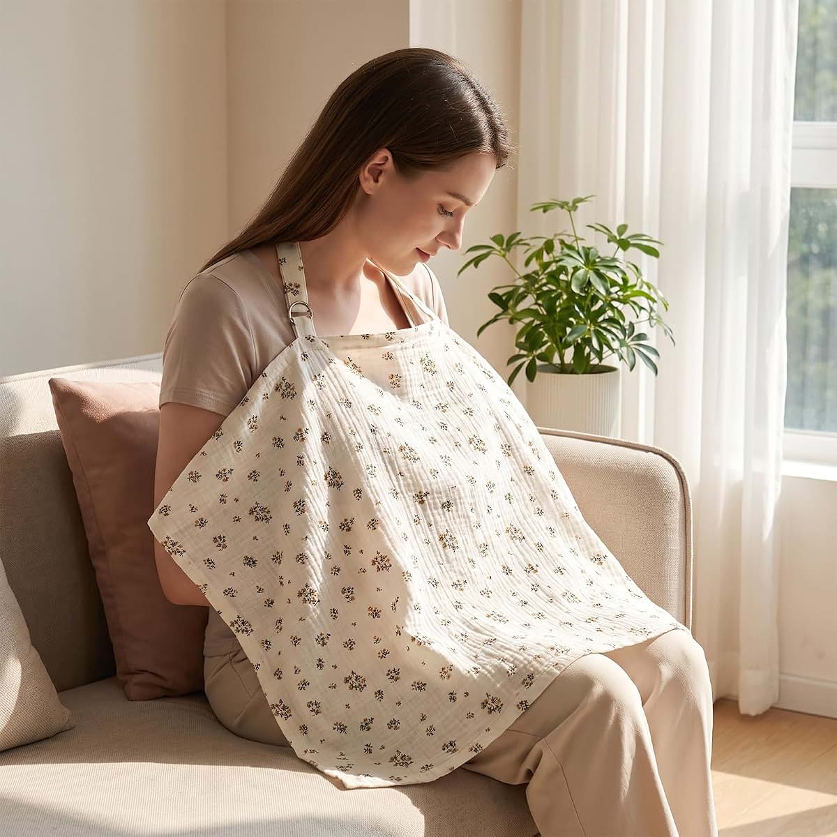 Hadnves Muslin Nursing Cover Up for Breastfeeding Breathable Khaki (photo 4)