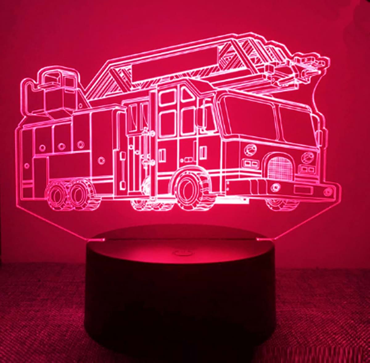 Jinnwell 3D Fire Engine Truck Night Light Lamp Illusion 7 Color Changing Touch Switch Table Desk Decoration Lamps