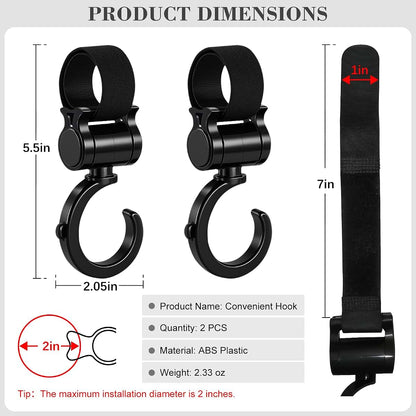 Kivan Base 2 Pack Universal Walker Hooks 360° Rotating Stroller Clips for Bags, Black