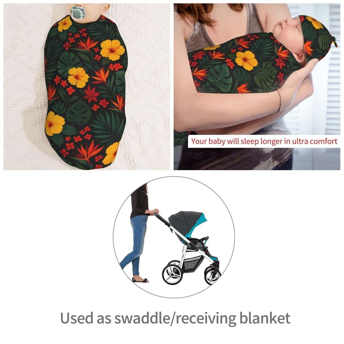 Muishi Yellow Hawaiian Tropical Flower Newborn Swaddle Blanket and Hat Set for 0-6 Months