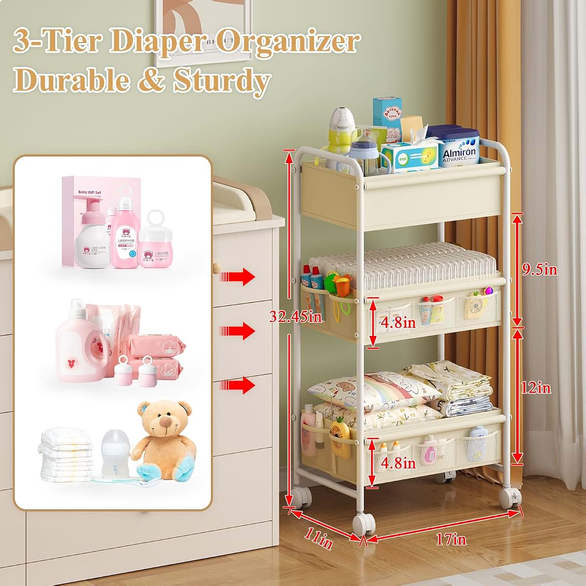 Diaper Caddy Cart Organizer | Mobile Nursery Storage Utility Cart