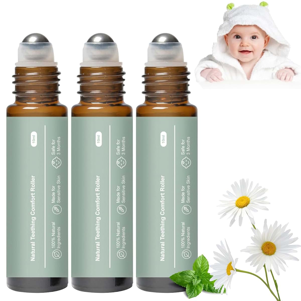 Leixu 3-Piece Teething Roller, Natural Gentle Relief Roller for Babies 18 Months to 6 Years