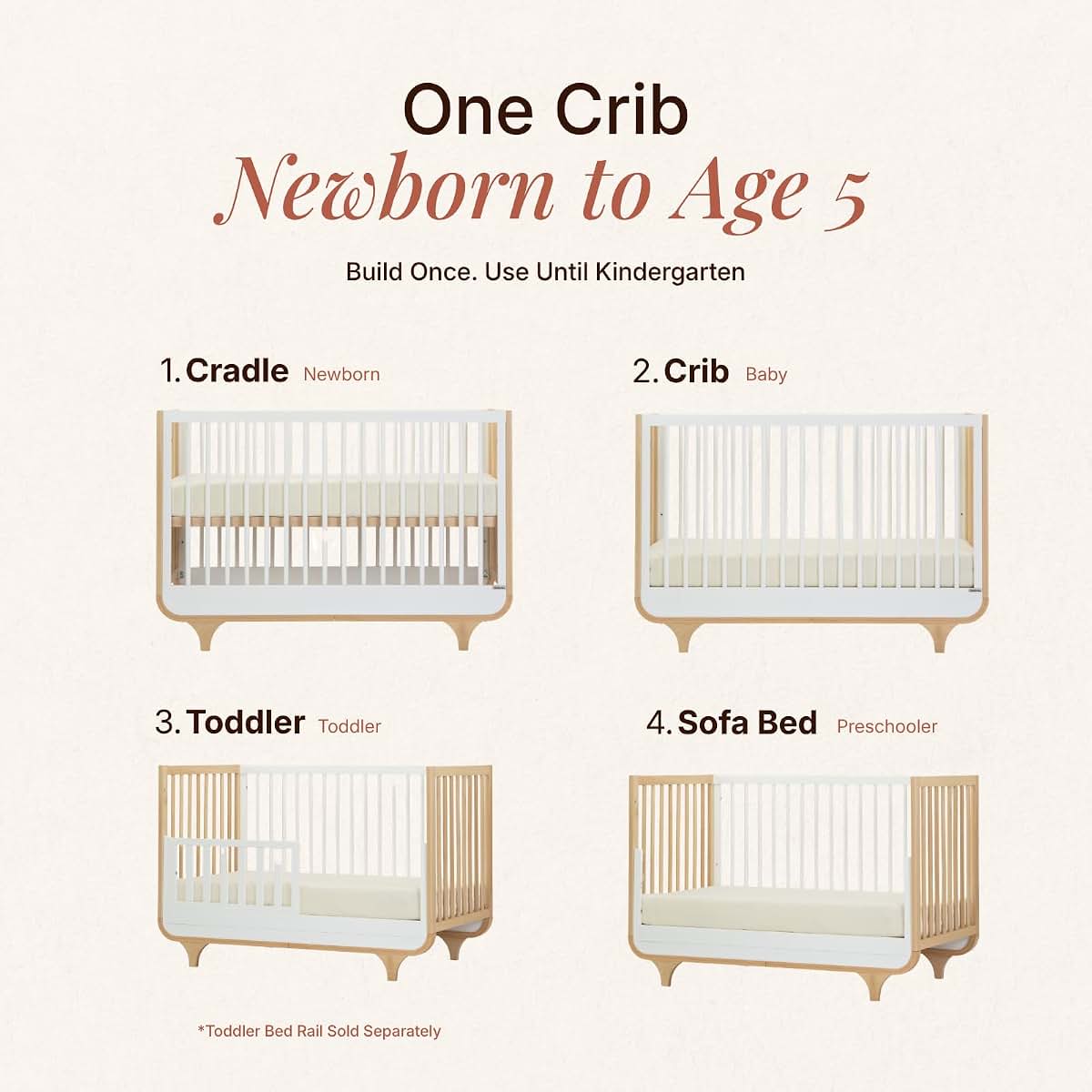 dadada Jolly Solid Wood 3-in-1 Convertible Baby Crib, White/Natural (photo 3)