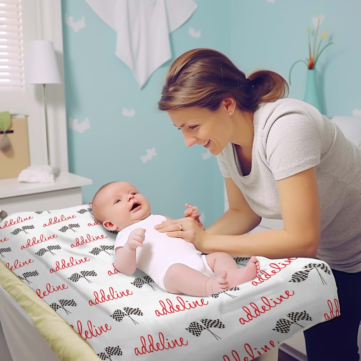 Duckbe Personalized Baby Changing Pad Cover - Muslin Fitted Sheet for Bassinet & Crib, Racing Flag (16x32)