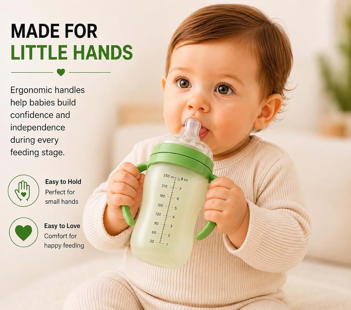 DALISCARE Silicone Baby Bottle with Handles, Green, 8 oz (photo 3)