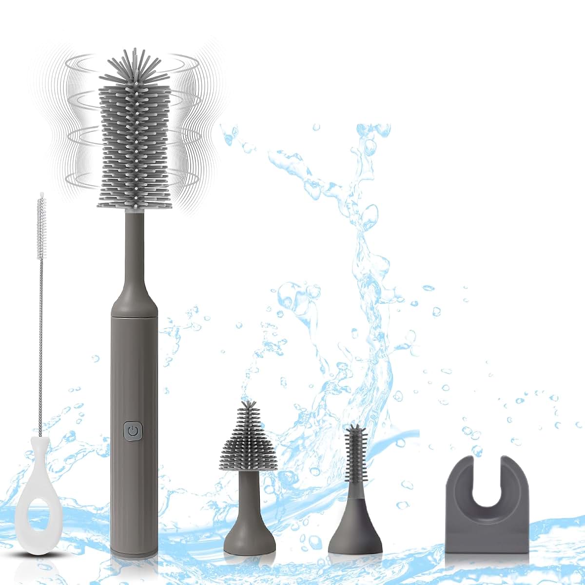 WHNL Electric Baby Bottle Brush Set with Rechargeable Cleaner and Silicone Brushes (Grey)
