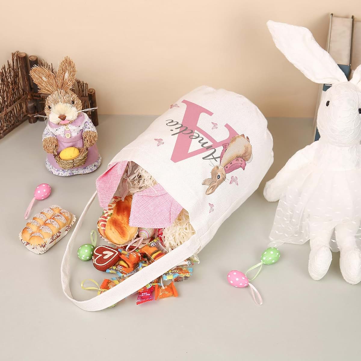 lagofit Personalized Easter Basket for Girls Boys Custom Name Easter Basket Bunny Egg Hunting Basket with Handle