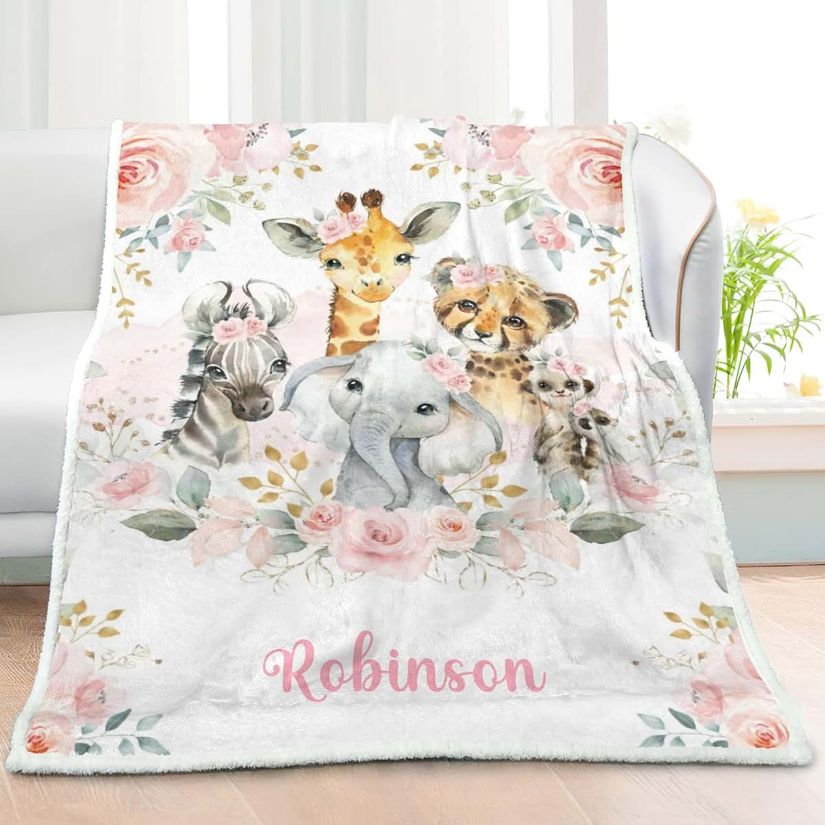NZOOHY Floral Safari Animals Personalized Sherpa Baby Blankets for Boys Girls,Custom Newborn Naps Name Blanket for (photo 2)