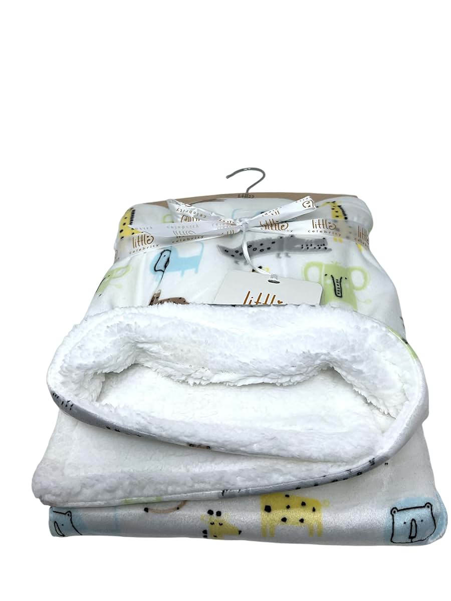 Little Celebrity Tropical Safari Baby Blanket, Multicolored Animal Print with Sherpa Backing, 30x40 Inch