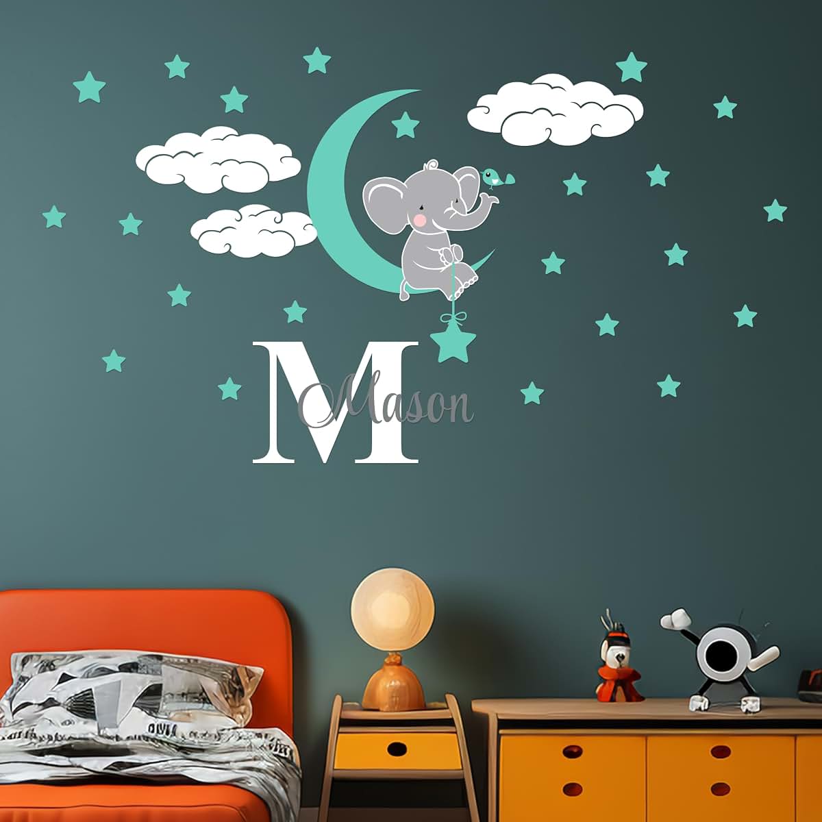 CRYPTONITE Custom Name & Initial Elephant Stars and Clouds - Prime Series - Baby Girl - Nursery Wall Decal for Baby