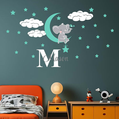 CRYPTONITE Custom Name & Initial Elephant Stars and Clouds - Prime Series - Baby Girl - Nursery Wall Decal for Baby