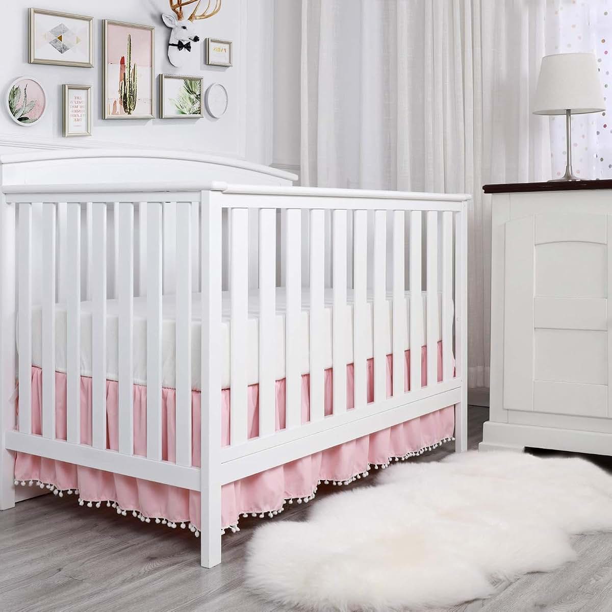 Pleated Microfiber Crib Bed Skirt with Pompoms for Nursery Decor