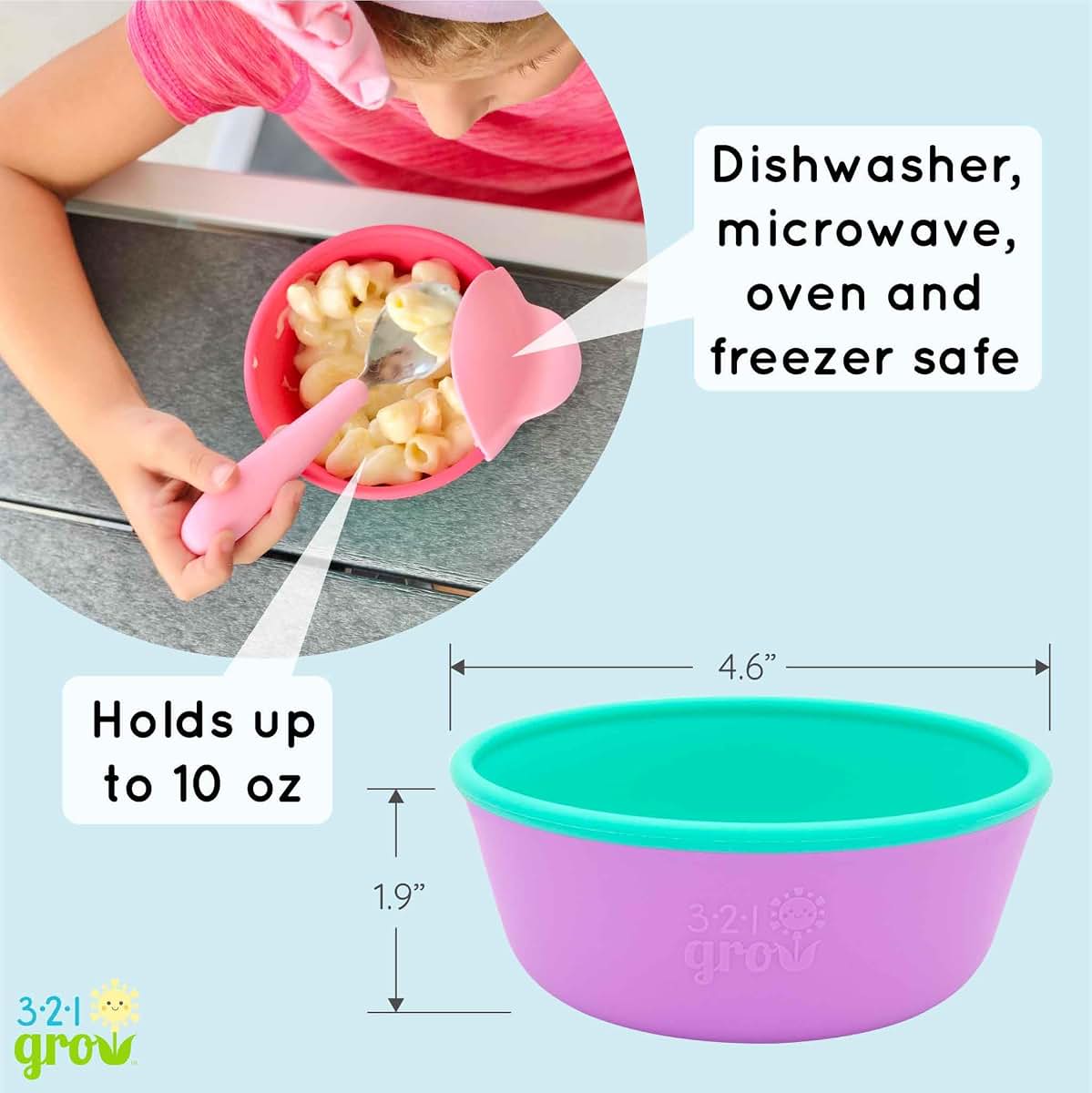 321 Grow Silicone Easy Scoop & Hold Bowl Set – Adaptive Baby & Toddler Feeding Bowls with Clip-On Rim and Handle – (photo 3)