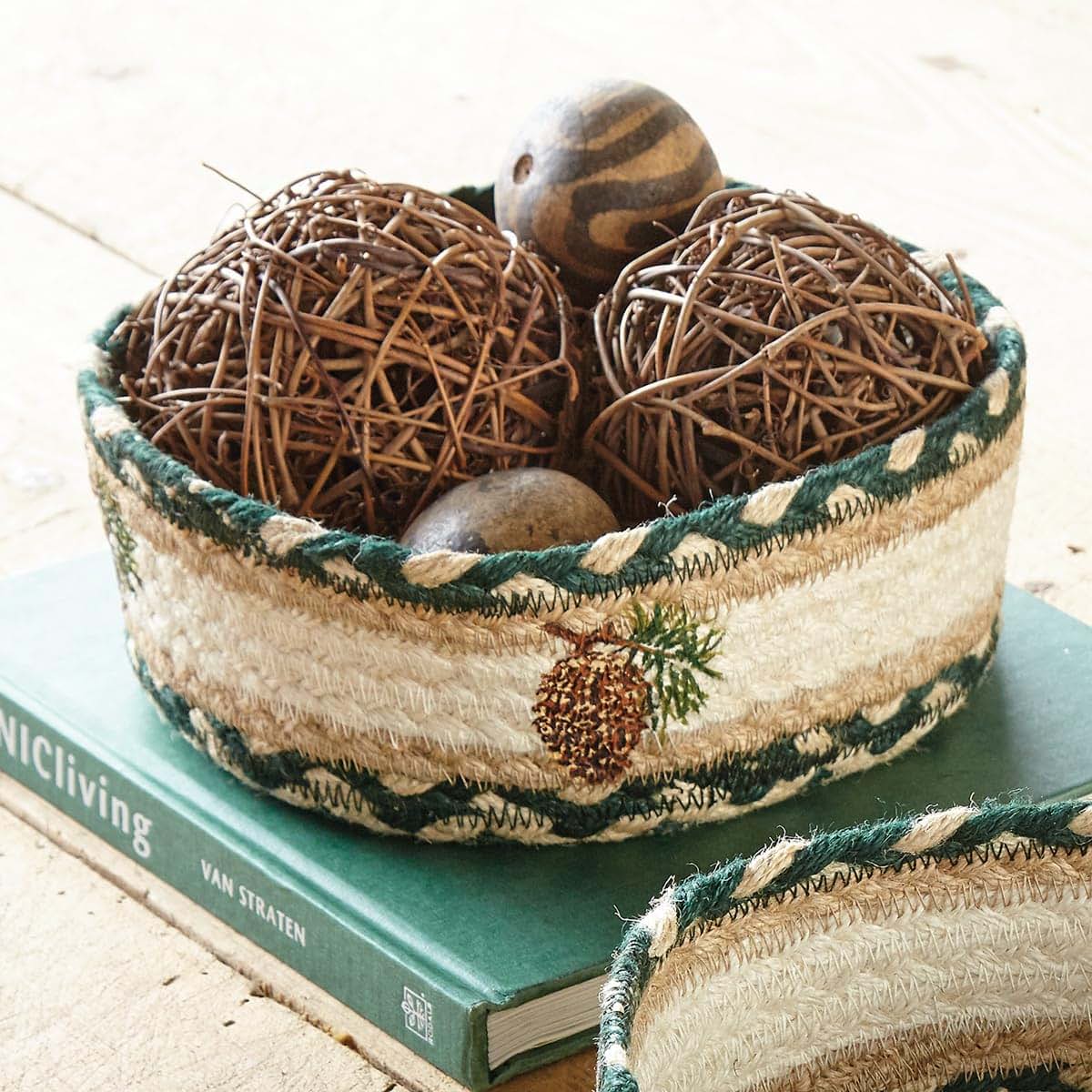 Black Forest Decor Forest Pinecones Braided Basket, Round Jute Storage