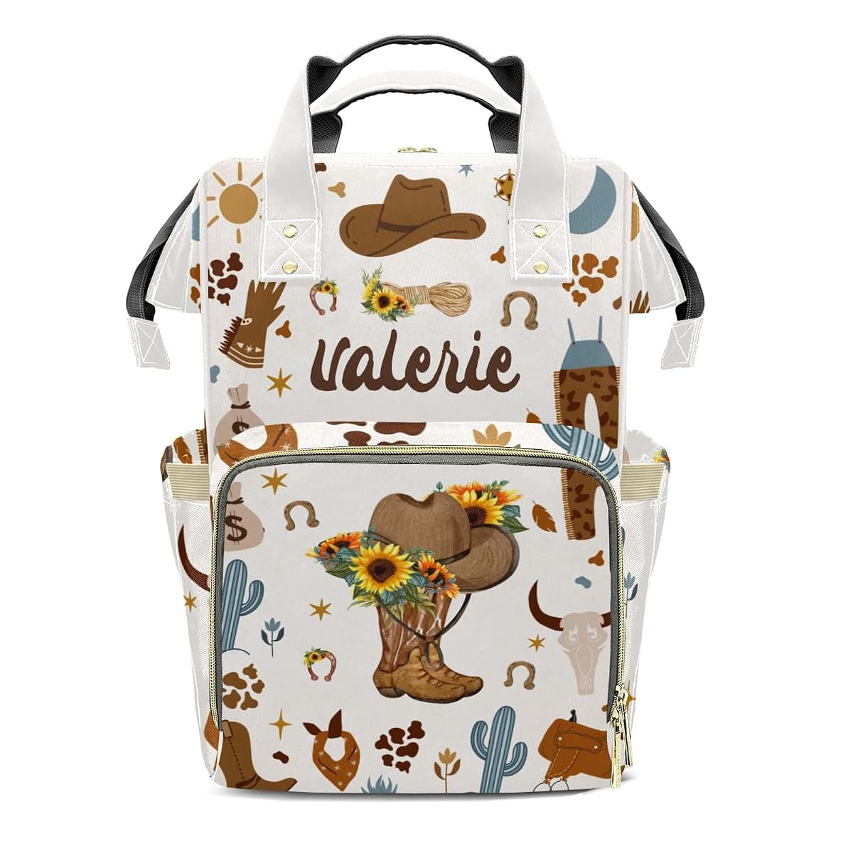 LiSoAkWE West Sunflower Hats Boots Wild Personalized Diaper Bag with Name,Customized Nappy Backpack with Thermal
