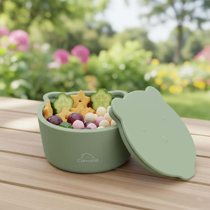 Clevakid Silicone Snack And Fruits Container In Green Olive Bear Design
