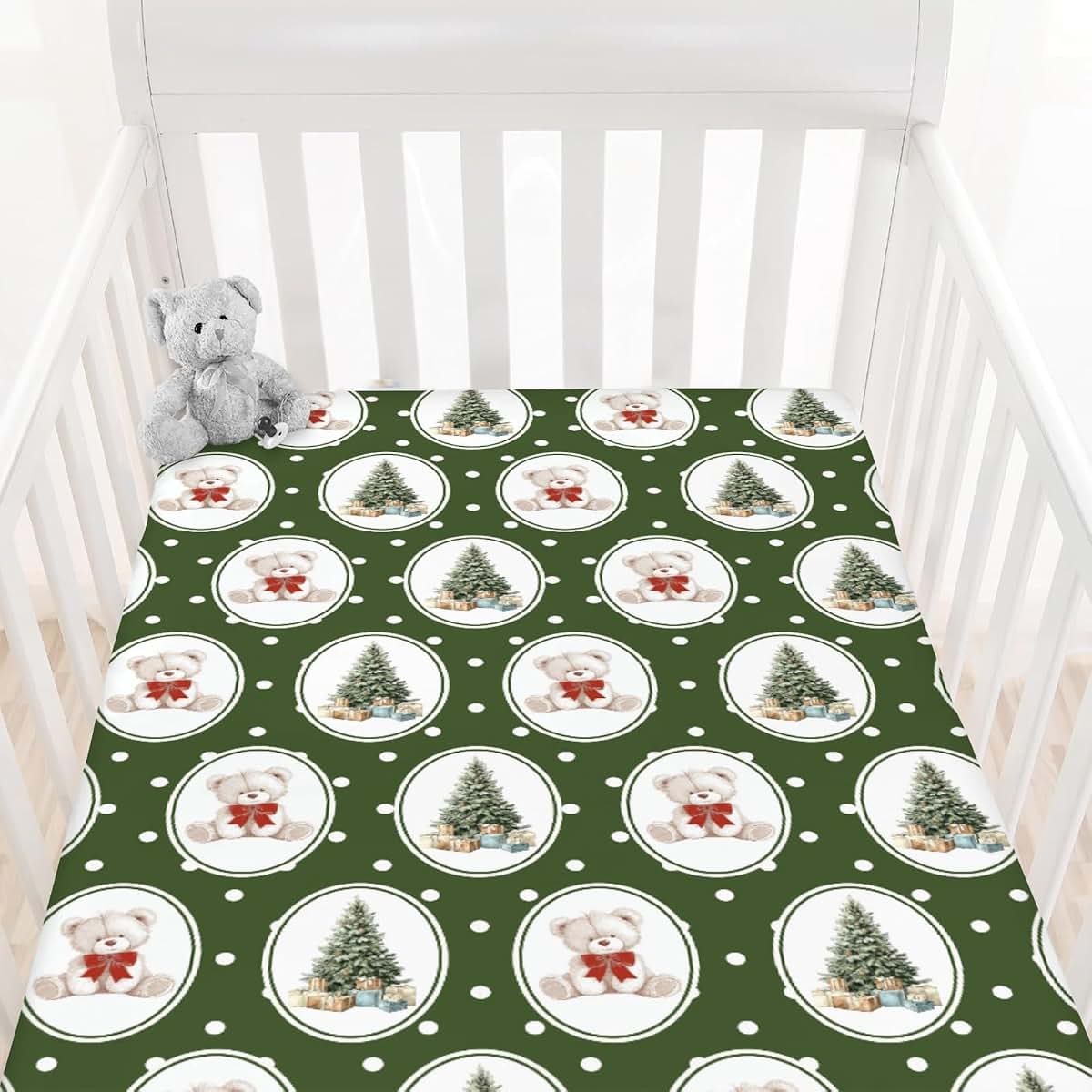 Cstdyfrv Green Christmas Bear Bows Baby Crib Sheets Cute Bear Christmas Trees Gifts Soft Baby Sheets Winter Holiday (photo 2)