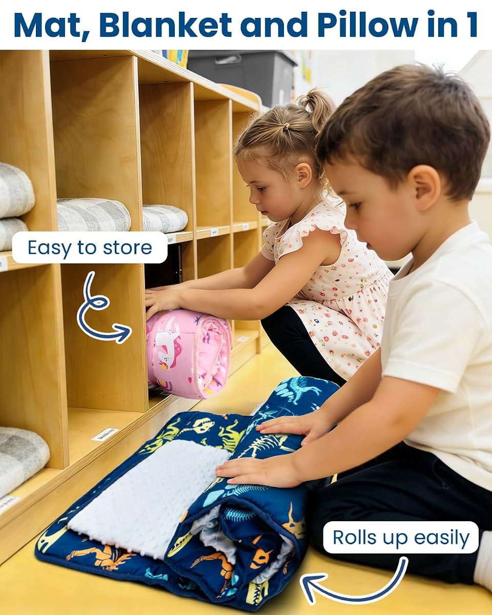 Beavtaens Toddler Nap Mat with Pillow and Blanket, 55" x 22" Roll-Up Sleeping Mat, Dinosaur