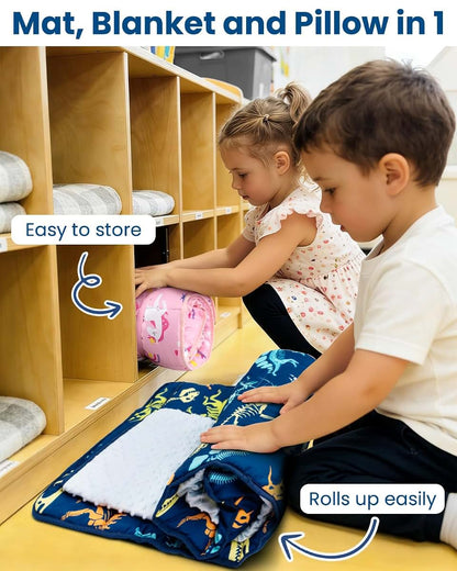 Beavtaens Toddler Nap Mat with Pillow and Blanket, 55" x 22" Roll-Up Sleeping Mat, Dinosaur