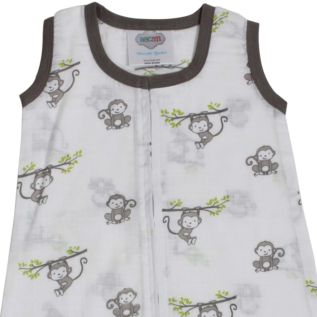 Bacati - Muslin Happy Monkeys Sleeping bag (Wearable Blankets) (Newborn, Gray)