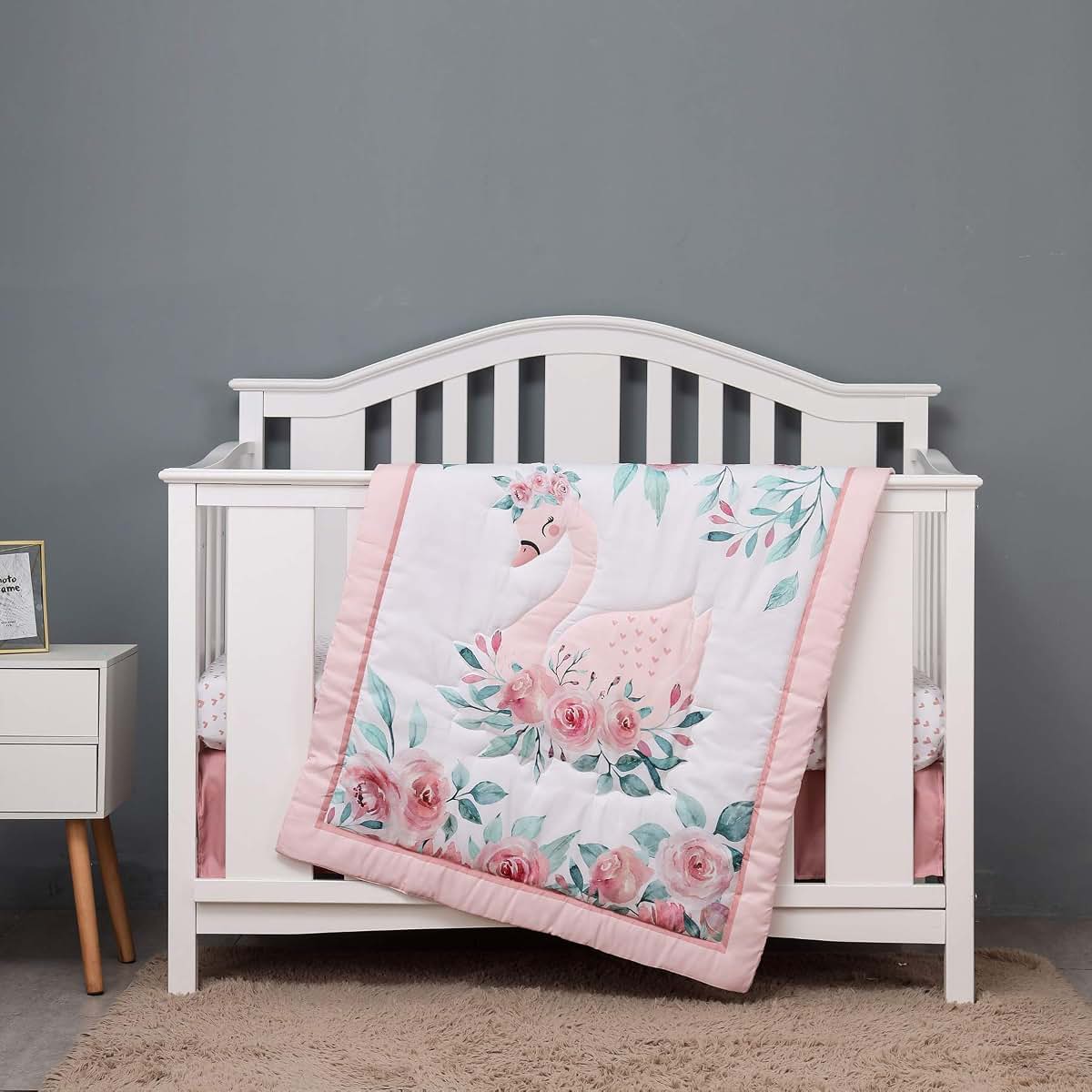 CribMATE 3-Piece Pink Floral Swan Nursery Crib Bedding Set