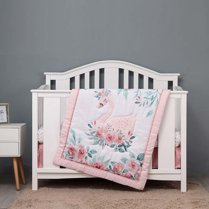 CribMATE 3-Piece Pink Floral Swan Nursery Crib Bedding Set