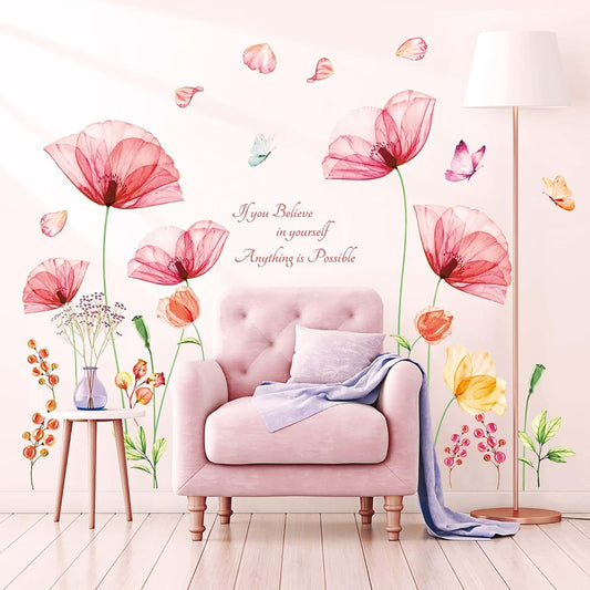 Decowall Pink Watercolor Floral Wall Stickers for Nursery & Kids Room Decor