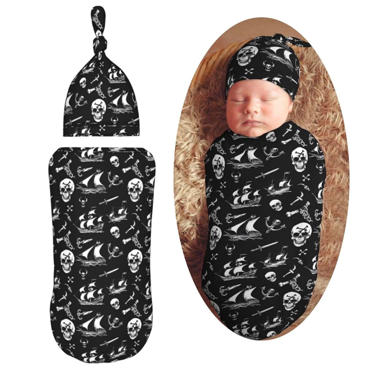 Muishi Vintage White Skull And Ship Newborn Swaddle Blanket Hat Set