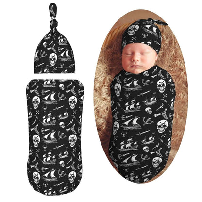 Muishi Vintage White Skull And Ship Newborn Swaddle Blanket Hat Set