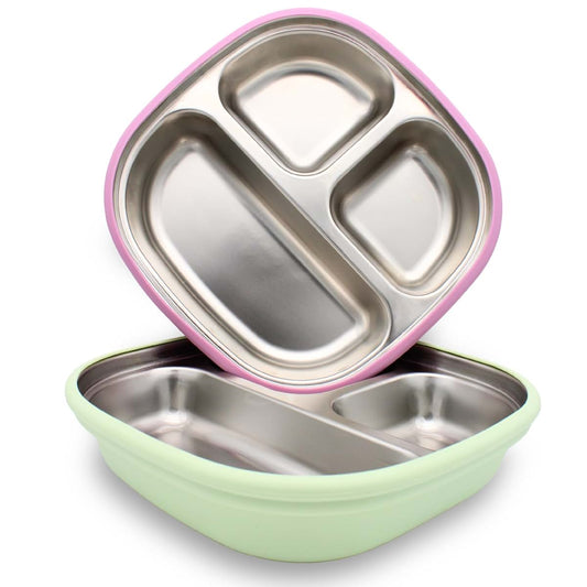 CubJoey Stainless Steel Kids Plates with Removable Silicone Suction Sleeves, 2 Pack