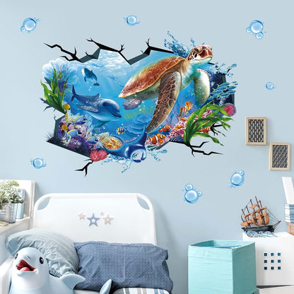 wondever 3D Turtle Under The Sea Wall Decals Ocean Dolphin Wall Stickers