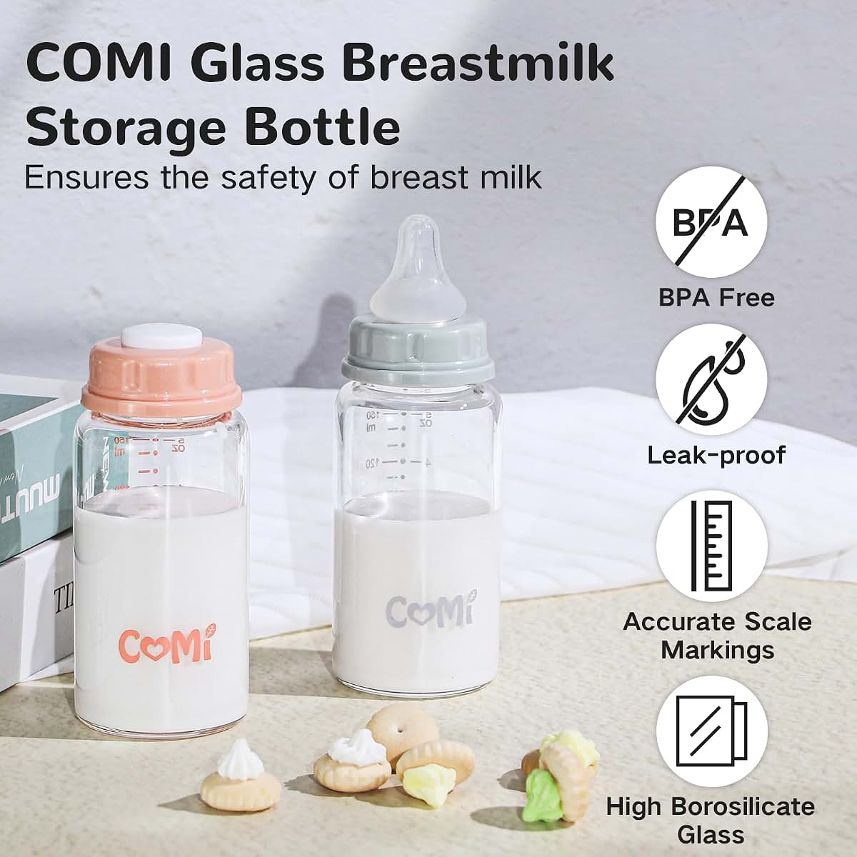 COMI Natural Glass Baby Bottle,Standard Neck Breastmilk Storage Bottle for Fridge,Breast Milk Container,Breast Pump (photo 3)